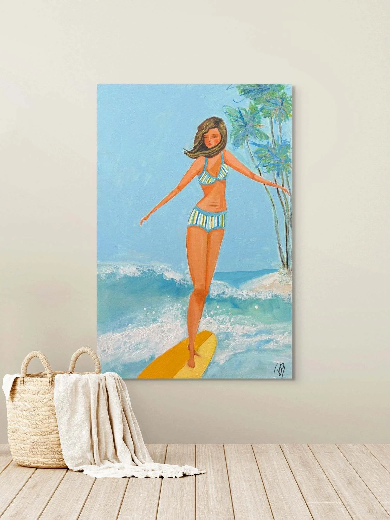 Original Coastal Painting – Girl on Beach Under Umbrella